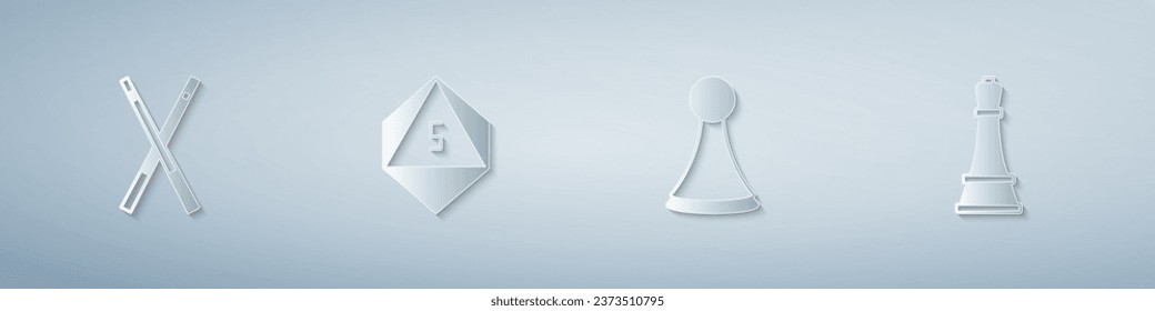 Set Crossed billiard cues, Game dice, Chip for board game and Chess. Paper art style. Vector