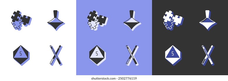 Set Crossed billiard cues, Puzzle pieces toy, Game dice and Whirligig icon. Vector