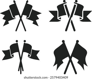 Set of Crossed Black Flags Silhouette – Minimalist Symmetrical Vector Design