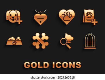 Set Crossed bones, Bag of food for dog, Cage birds, Veterinary clinic symbol, Pet bowl cat, Heart with animals footprint,  and Collar name tag and heart icon. Vector