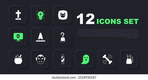 Set Crossed bones, Black cat, Witch hat, Ghost, Skull, Vampire, Spider and Candy icon. Vector