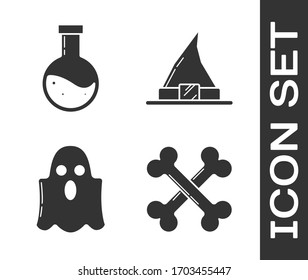 Set Crossed bones , Bottle with potion , Ghost  and Witch hat  icon. Vector