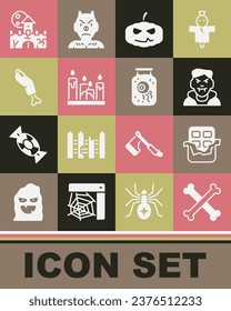 Set Crossed bones, Chocolate bar, Vampire, Pumpkin, Burning candle, Zombie finger, Castle, fortress and Eye jar icon. Vector