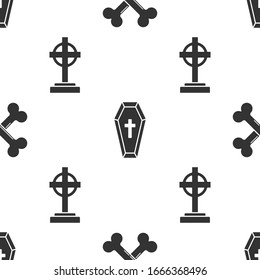 Set Crossed bones , Coffin with christian cross  and Tombstone with cross  on seamless pattern. Vector
