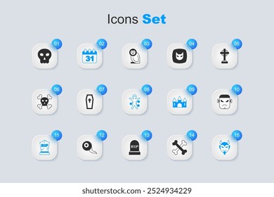 Set Crossed bones, Coffin with christian cross, Halloween date 31 october, Tombstone RIP written, Devil head, Frankenstein face, Skull and Voodoo doll icon. Vector