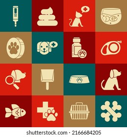 Juego de huesos cruzados, Perro, correa de cordón retráctil con carabiner, símbolo de la clínica veterinaria, huella paw, termómetro digital médico e icono del frasco de medicina. Vector