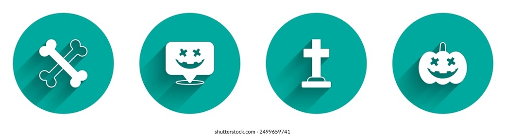 Set Crossed bones, Happy Halloween holiday, Tombstone with cross and Pumpkin icon with long shadow. Vector