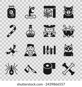 Set Crossed bones, Owl bird, Halloween witch cauldron, Spider web, Bottle with potion, Christmas candy cane, Eye in jar and Witch icon. Vector