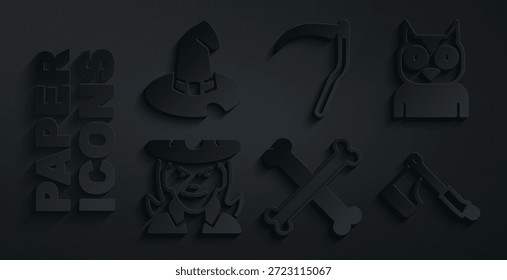 Set Crossed bones, Owl bird, Witch, Wooden axe, Scythe and hat icon. Vector