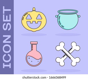 Set Crossed bones , Pumpkin , Bottle with potion  and Halloween witch cauldron  icon. Vector