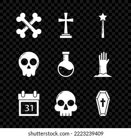 Set Crossed bones, Tombstone with cross, Magic wand, Calendar Halloween date 31 october, Skull, Coffin christian,  and Bottle potion icon. Vector