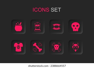 Stell Knochen, Tombstone mit RIP geschrieben, Halloween-Hexenkessel, Schädelknochen, Teufelskopf, Vampirzähne und Shirt-Schädel-Symbol. Vektorgrafik