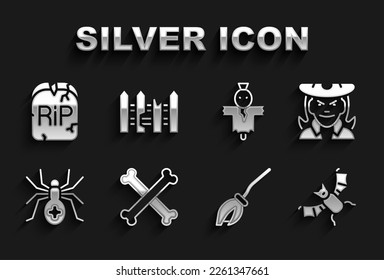 Set Crossed bones, Witch, Flying bat, Witches broom, Spider, Scarecrow, Tombstone with RIP written and Garden fence wooden icon. Vector