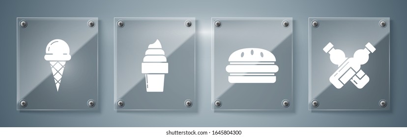 Set Crossed bottle of water, Burger, Ice cream in waffle cone and Ice cream in waffle cone. Square glass panels. Vector