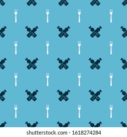 Set Crossed bottle of water and Fork on seamless pattern. Vector