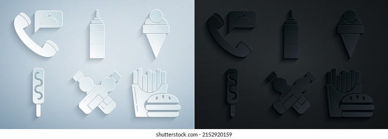 Set Crossed bottle of water, Ice cream in waffle cone, Burger and french fries carton package box, Sauce and Food ordering icon. Vector