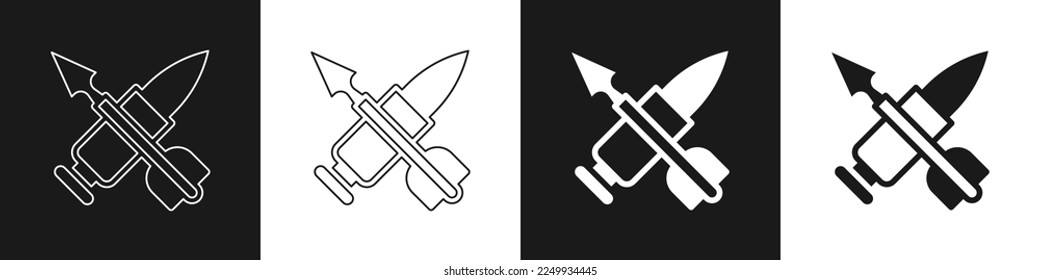Eine gekreuzte Kugel mit Pfeilsymbol einzeln auf schwarz-weißem Hintergrund.  Vektorgrafik