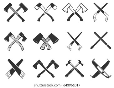 Set of the crossed carpenter tools. Design elements for logo, label, emblem, sign, badge. Vector illustration