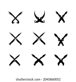 Set of Crossed combat knives, army knives, swords and sabers vector illustration.