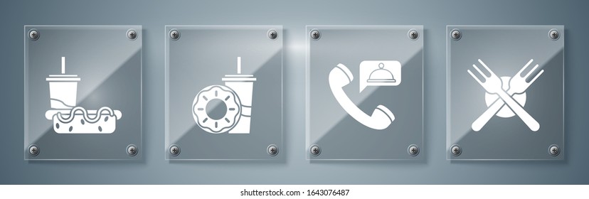 Set Crossed fork, Food ordering, Paper glass with drinking straw and donut and Paper glass with drinking straw and hotdog. Square glass panels. Vector