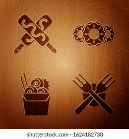 Set Crossed fork, Ice cream, Asian noodles in paper box and chopsticks and Donut with sweet glaze on wooden background. Vector