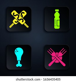 Set Crossed fork, Ice cream, Chicken leg and Bottle of water. Black square button. Vector