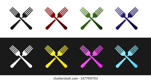 Set Crossed fork icon isolated on black and white background. Cutlery symbol.  Vector Illustration