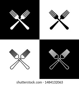 Set Crossed fork icon isolated on black and white background. Cutlery symbol.  Vector Illustration