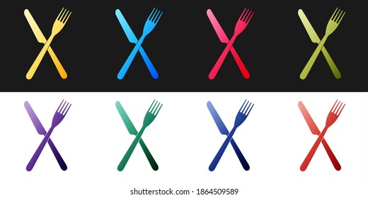 Setzen Sie eine überkreuzte Gabel und ein Messersymbol einzeln auf schwarz-weißem Hintergrund. Restaurant Ikone. Vektorgrafik.