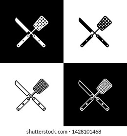 Set Crossed fork and knife icons isolated on black and white background. BBQ fork and knife sign. Barbecue and grill tools. Vector Illustration Set Crossed fork and knife icons isolated on black and white background. BBQ fork and knife sign. Barbecue and grill tools. Vector Illustration