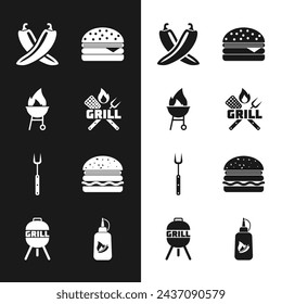 Set Crossed fork and spatula, Barbecue grill, hot chili pepper pod, Burger, Ketchup bottle and  icon. Vector