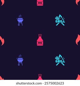 Set Crossed fork and spatula, Barbecue grilled shish kebab, Ketchup bottle and Fire flame on seamless pattern. Vector