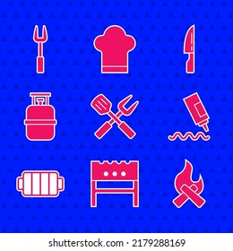 Set Crossed Fork And Spatula, BBQ Brazier, Campfire, Sauce Bottle, Barbecue Grill, Propane Gas Tank, Knife And  Icon. Vector