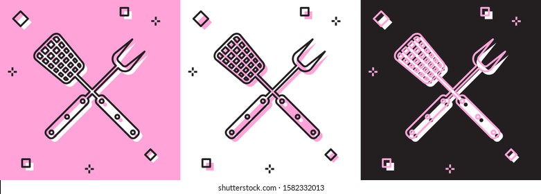 Set Crossed fork and spatula icon isolated on pink and white, black background. BBQ fork and spatula sign. Barbecue and grill tools.  Vector Illustration
