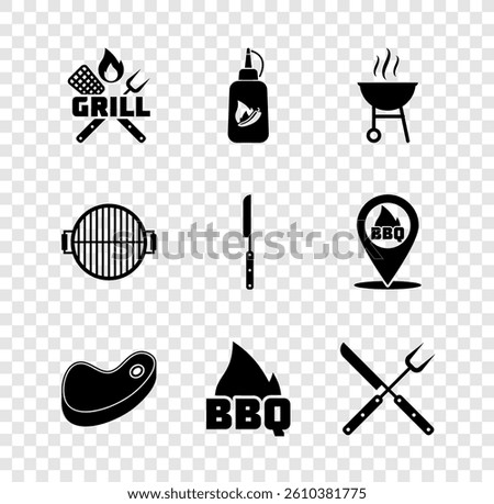 Set Crossed fork and spatula, Ketchup bottle, Barbecue grill, Steak meat, fire flame, knife,  and  icon. Vector