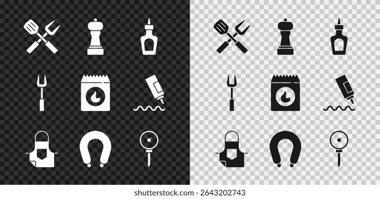 Set Crossed fork and spatula, Pepper, Sauce bottle, Kitchen apron, Sausage, thermometer, Barbecue and coal bag icon. Vector