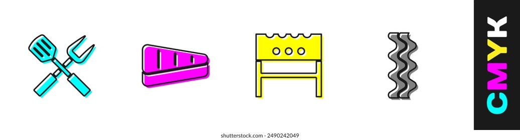 Set Tenedor cruzado y espátula, carne de bistec, brasero de barbacoa y icono de rayas de tocino. Vector