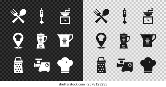 Set Crossed fork and spoon, Blender, Manual coffee grinder, Grater, Kitchen meat, Chef hat, with location and  icon. Vector