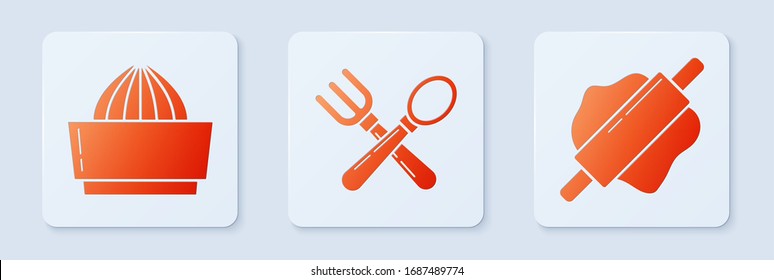 Set Crossed fork and spoon , Citrus fruit juicer  and Rolling pin . White square button. Vector