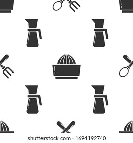 Set Crossed fork and spoon , Citrus fruit juicer  and Measuring cup on seamless pattern. Vector