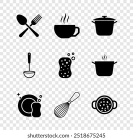 Set Crossed fork and spoon, Coffee cup, Cooking pot, Washing dishes, Kitchen whisk, soup, ladle and Sponge with bubbles icon. Vector