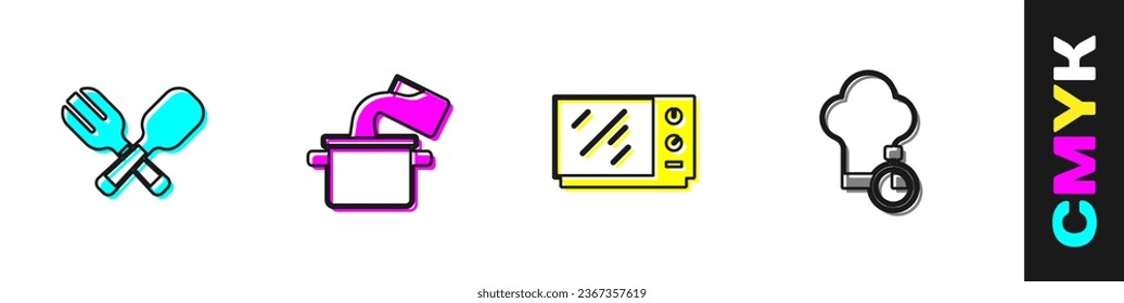 Set Crossed Gabel und Löffel, Koch-Topf, Mikrowellenherd und Koch Hut Symbol. Vektorgrafik