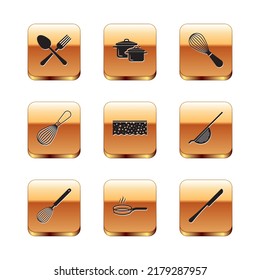 Set Crossed fork and spoon, Kitchen whisk, Frying pan, Sponge with bubbles, Knife and Cooking pot icon. Vector