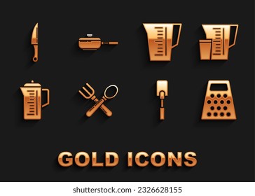 Set Crossed fork and spoon, Measuring cup, Grater, Spatula, Teapot, Knife and Frying pan icon. Vector