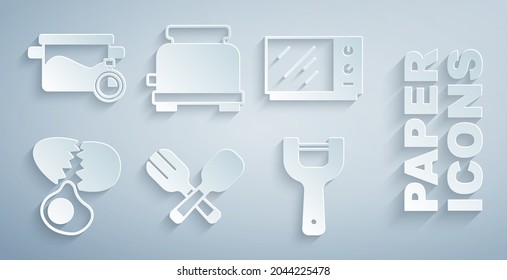 Set Crossed Fork and cuchara, Microwave oven, Broken egg, Vegetable peeler, Toaster and Cooking pot icon. Vector