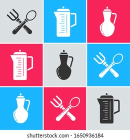 Set Crossed fork and spoon , Teapot  and Bottle of olive oil  icon. Vector