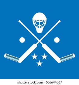 A set of crossed goalie sticks and a goaltender's mask in vector format over a simple blue background.