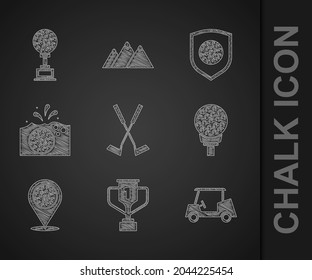 Set Crossed golf club, Award cup with, Golf car, ball on tee, Location sport, in water, shield and  icon. Vector