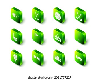 Set Crossed golf club, Golf ball, shoe, label, Award over sports winner podium and Glasses icon. Vector