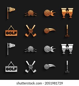 Set Crossed golf club with ball, Binoculars, Golf, label, flag and water icon. Vector